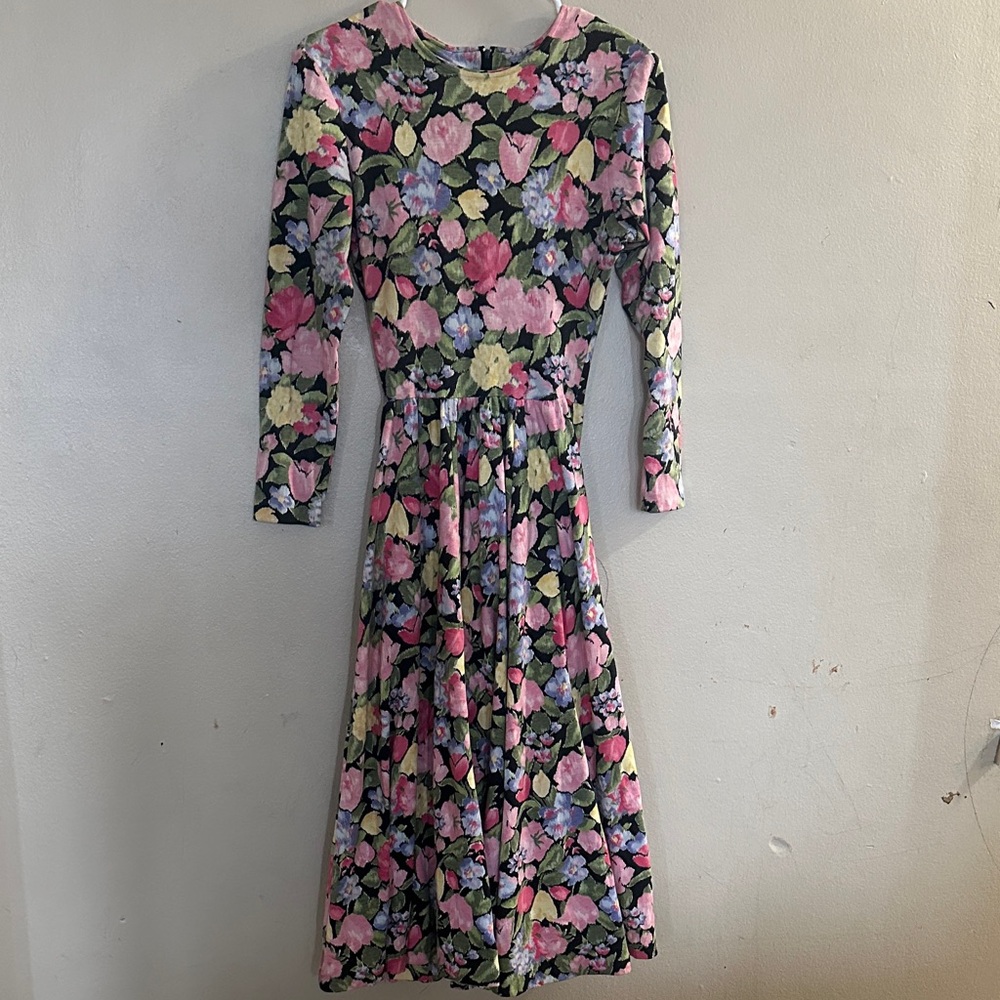 Floral Long Sleeve Dress with Pink and Green Accents